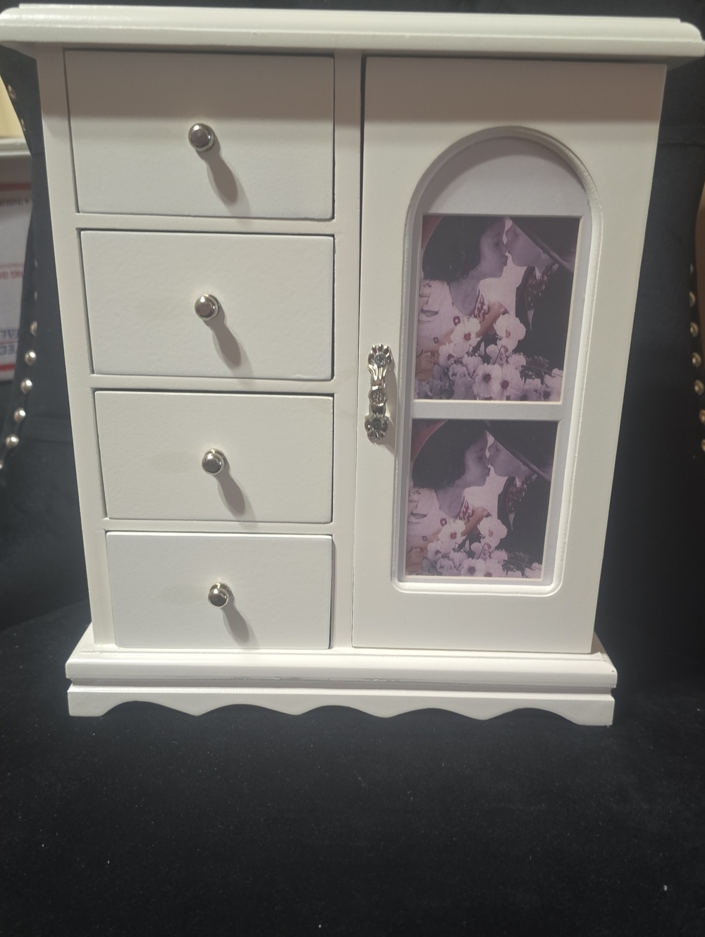 Classic White Jewelry Organizer Armoire Box with Photo Frame Door